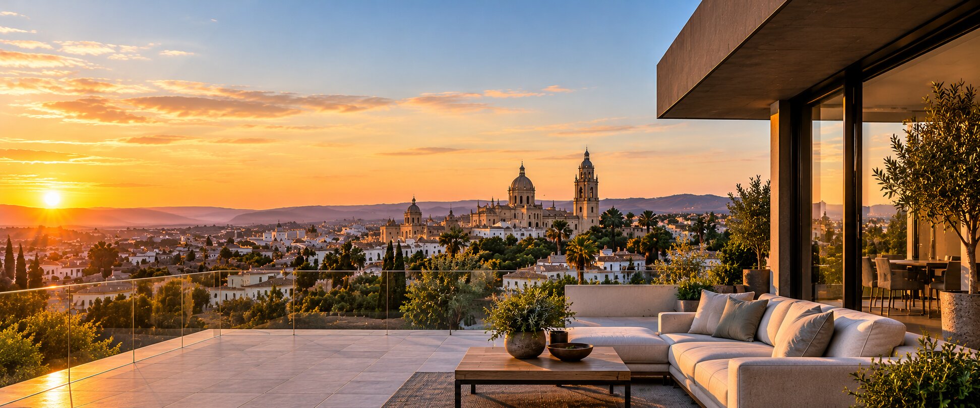 Terraza con vistas a la Catedral de Jerez al atardecer